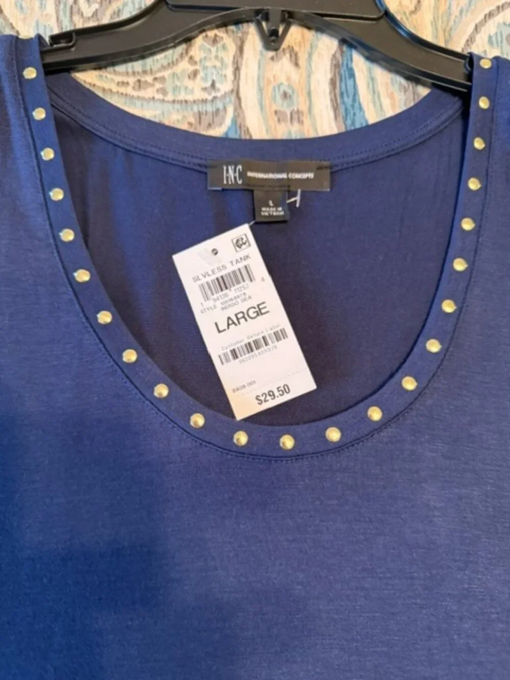 NWT, INC International Concepts, Embellished Scoop Navy Tank, Size Large